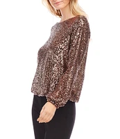 Karen Kane Stretch Sequin Boat Neckline Long Bishop Sleeve Top