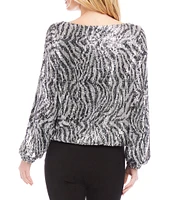 Karen Kane Stretch Sequin Zebra Boat Neckline Long Sleeve Top