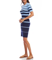 Karen Kane Stripe Ribbed Crew Neck Short Sleeve Sheath Dress