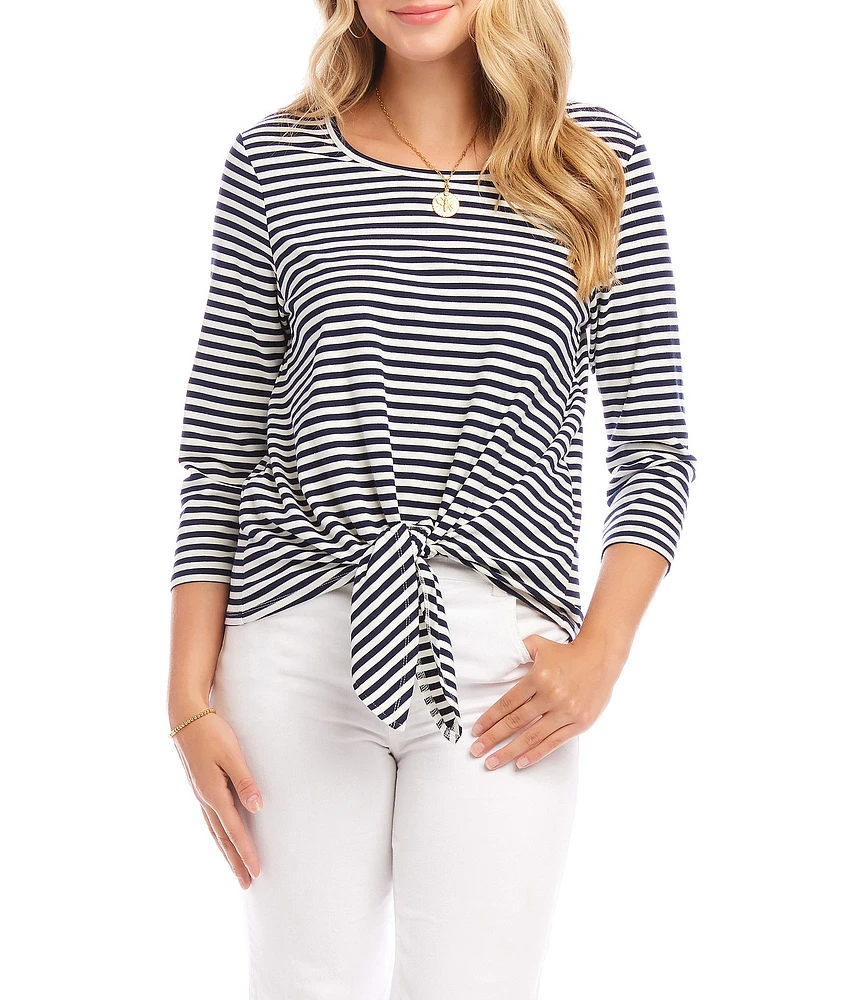 Karen Kane Striped Tie-Front Crew Neck 3/4 Sleeve Top