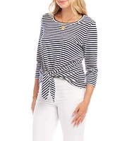 Karen Kane Striped Tie-Front Crew Neck 3/4 Sleeve Top