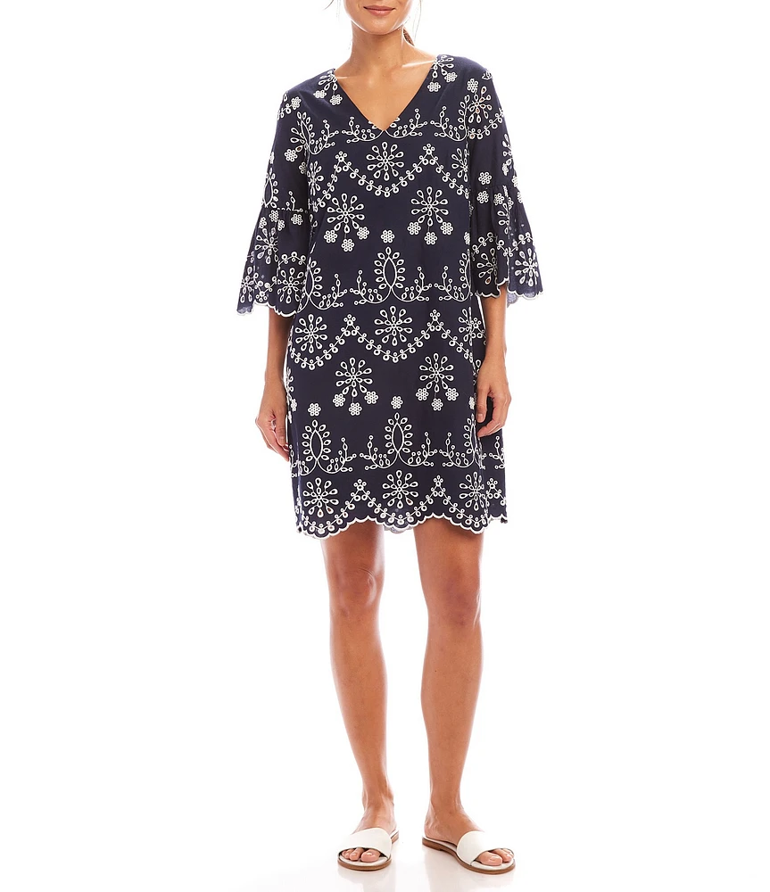 Karen Kane V-Neck 3/4 Sleeve Eyelet Embroidered Dress