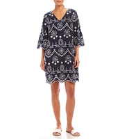 Karen Kane V-Neck 3/4 Sleeve Eyelet Embroidered Dress