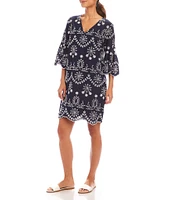 Karen Kane V-Neck 3/4 Sleeve Eyelet Embroidered Dress