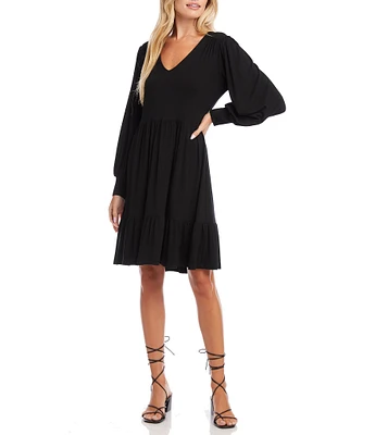 Karen Kane V-Neck Long Blouson Sleeve Tiered Ruffle A-Line Dress