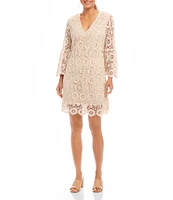Karen Kane V-Neck Ruffle Sleeve A-Line Crochet Dress