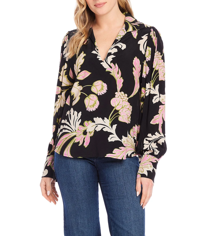 Karen Kane Woven Floral V-Neck Long Sleeve Blouson