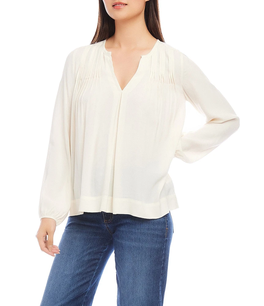 Karen Kane Woven Pleated Split Neck Long Sleeve Blouse