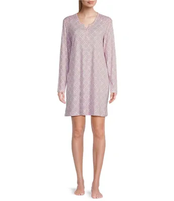 Karen Neuburger Long Sleeve Henley Floral Trellis Interlock Knit Nightshirt