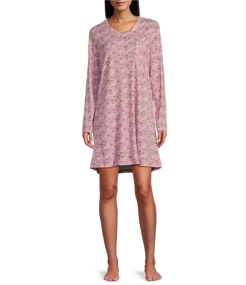 Karen Neuburger Long Sleeve V-Neck Ditsy Floral Knit Nightshirt