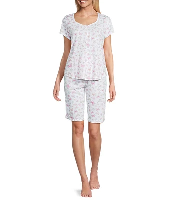 Karen Neuburger Short Sleeve Sweetheart Neck Interlock Knit Butterfly Print Bermuda Short Pajama Set
