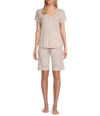 Karen Neuburger Short Sleeve Sweetheart Neck Interlock Knit Ditsy Floral Print Bermuda Short Pajama Set