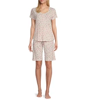 Karen Neuburger Short Sleeve Sweetheart Neck Interlock Knit Ditsy Floral Print Bermuda Short Pajama Set