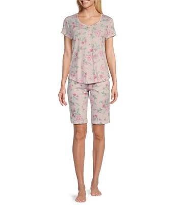 Karen Neuburger Short Sleeve Sweetheart Neck Interlock Knit Floral Bouquet Print Bermuda Short Pajama Set