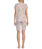 Karen Neuburger Short Sleeve Sweetheart Neck Interlock Knit Floral Bouquet Print Bermuda Short Pajama Set