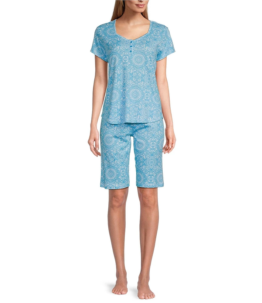 Karen Neuburger Short Sleeve Sweetheart Neck Interlock Knit Medallion Brocade Print Bermuda Short Pajama Set