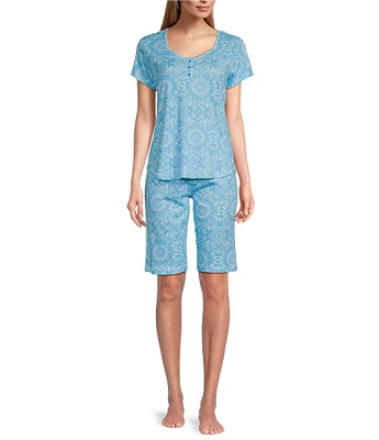 Karen Neuburger Short Sleeve Sweetheart Neck Interlock Knit Medallion Brocade Print Bermuda Short Pajama Set