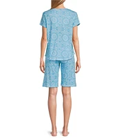 Karen Neuburger Short Sleeve Sweetheart Neck Interlock Knit Medallion Brocade Print Bermuda Short Pajama Set