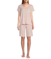 Karen Neuburger Short Sleeve V-Neck Brushed Interlock Knit Charmed Geometric Bermuda Set