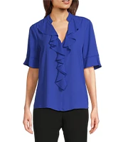 KARL LAGERFELD PARIS Ruffle Front V-Neck Short Flare Sleeve Blouse