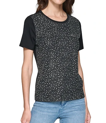 KARL LAGERFELD PARIS All-Over Crystal Embellished Knit Crew Neck Short Sleeve Tee