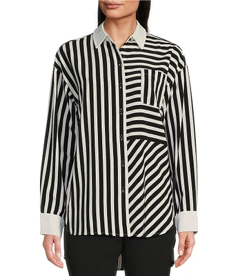 KARL LAGERFELD PARIS Collared Button Down Stripe Long Sleeve Top