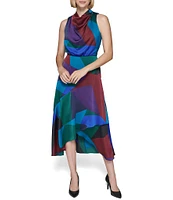 KARL LAGERFELD PARIS Color Block Satin Crepe Mock Cowl Neck Sleeveless Faux Wrap Flutter Tulip Hem Midi Dress