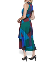 KARL LAGERFELD PARIS Color Block Satin Crepe Mock Cowl Neck Sleeveless Faux Wrap Flutter Tulip Hem Midi Dress