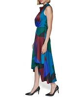 KARL LAGERFELD PARIS Color Block Satin Crepe Mock Cowl Neck Sleeveless Faux Wrap Flutter Tulip Hem Midi Dress