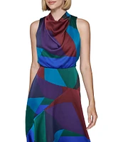 KARL LAGERFELD PARIS Color Block Satin Crepe Mock Cowl Neck Sleeveless Faux Wrap Flutter Tulip Hem Midi Dress