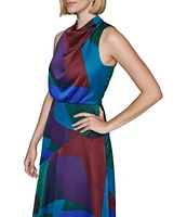 KARL LAGERFELD PARIS Color Block Satin Crepe Mock Cowl Neck Sleeveless Faux Wrap Flutter Tulip Hem Midi Dress