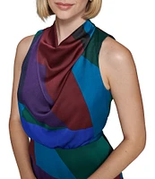 KARL LAGERFELD PARIS Color Block Satin Crepe Mock Cowl Neck Sleeveless Faux Wrap Flutter Tulip Hem Midi Dress