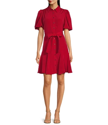 KARL LAGERFELD PARIS Contrast Stitch Collar Neckline Puff Short Sleeve Button Down Tie Waist Dress