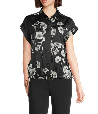 KARL LAGERFELD PARIS Coordinating Satin Crepe Floral Print Point Collar Sleeveless Shirt