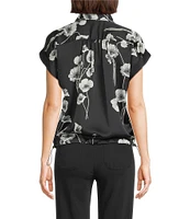 KARL LAGERFELD PARIS Coordinating Satin Crepe Floral Print Point Collar Sleeveless Shirt
