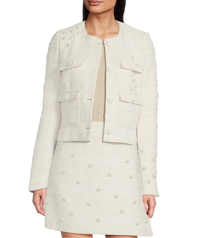 KARL LAGERFELD PARIS Coordinating Tweed Pearl Flower Round Neck Long Sleeve Button Front Jacket