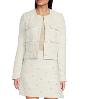 KARL LAGERFELD PARIS Coordinating Tweed Pearl Flower Round Neck Long Sleeve Button Front Jacket