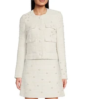 KARL LAGERFELD PARIS Coordinating Tweed Pearl Flower Round Neck Long Sleeve Button Front Jacket