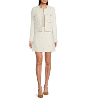 KARL LAGERFELD PARIS Coordinating Tweed Pearl Flower Round Neck Long Sleeve Button Front Jacket