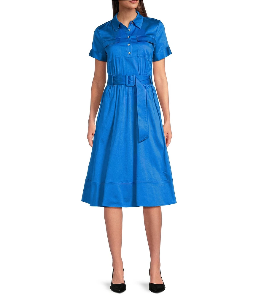 KARL LAGERFELD PARIS Cotton Sateen Point Collar Short Sleeve Pocketed Belted Midi Dress