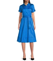 KARL LAGERFELD PARIS Cotton Sateen Point Collar Short Sleeve Pocketed Belted Midi Dress