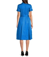 KARL LAGERFELD PARIS Cotton Sateen Point Collar Short Sleeve Pocketed Belted Midi Dress