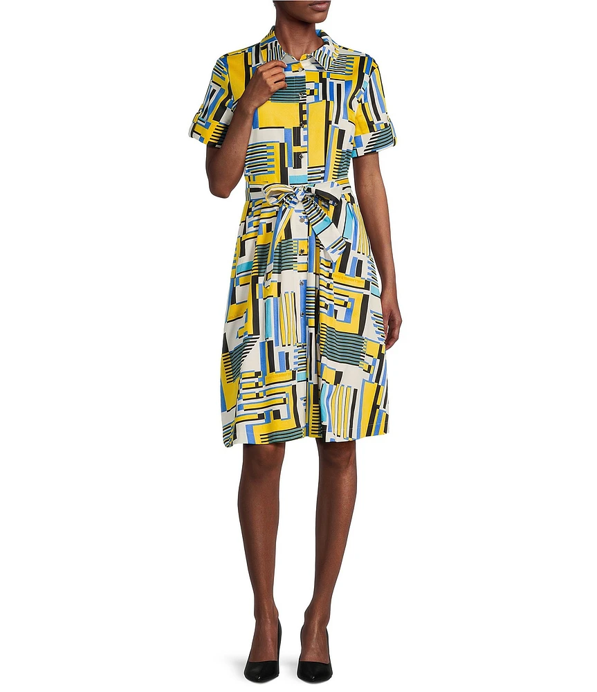 KARL LAGERFELD PARIS Cotton Sateen Printed Point Collar Short Sleeve Belted Shirt Dress