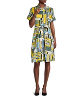 KARL LAGERFELD PARIS Cotton Sateen Printed Point Collar Short Sleeve Belted Shirt Dress