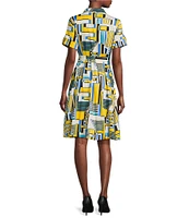 KARL LAGERFELD PARIS Cotton Sateen Printed Point Collar Short Sleeve Belted Shirt Dress