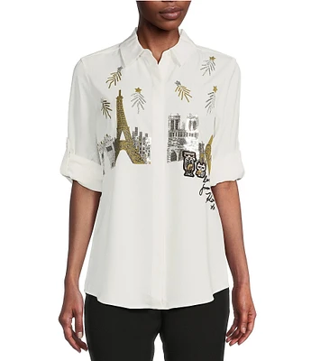 KARL LAGERFELD PARIS Crepe City Scene Collared Neck Long Sleeve Button Front Blouse