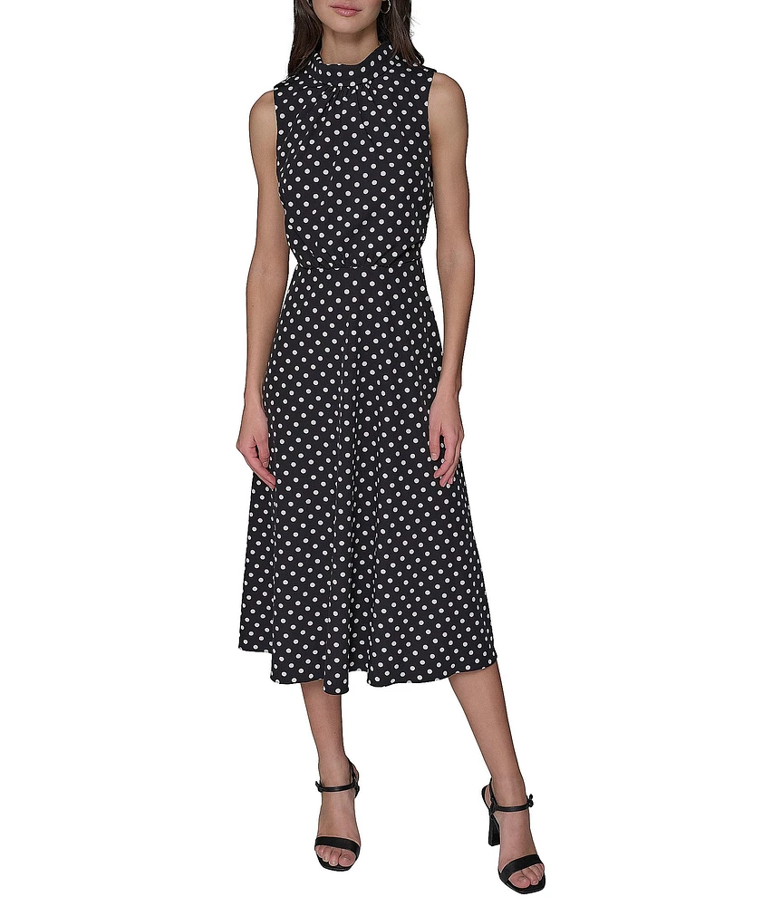 KARL LAGERFELD PARIS Crepe Dotted Print Mock Neck Sleeveless Midi Dress