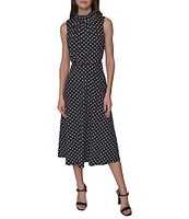 KARL LAGERFELD PARIS Crepe Dotted Print Mock Neck Sleeveless Midi Dress