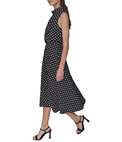 KARL LAGERFELD PARIS Crepe Dotted Print Mock Neck Sleeveless Midi Dress
