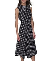 KARL LAGERFELD PARIS Crepe Dotted Print Mock Neck Sleeveless Midi Dress